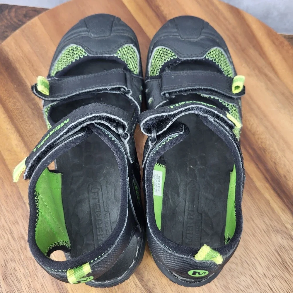 Merell Hydro Rapid Shoes Boys 4 M Black Green Leather Water Hiking Sport Sandals